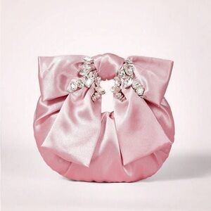 Pink Satin Bow Evening Clutch with Crystal Accents